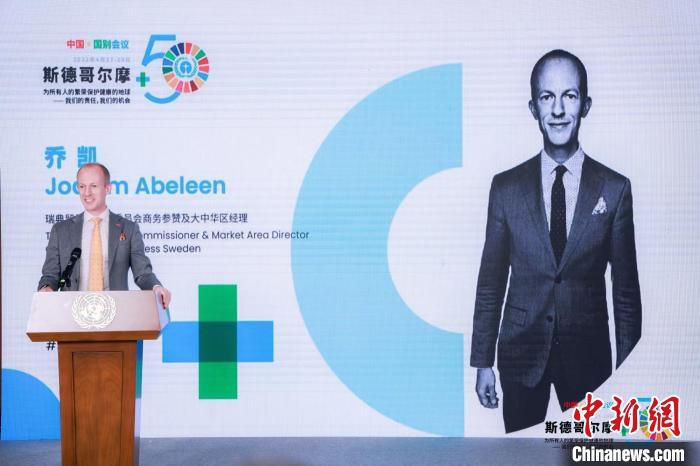 图为瑞典贸易与投资委员会商务参赞及大中华区经理乔凯发言。　UNDP、UNEP供图