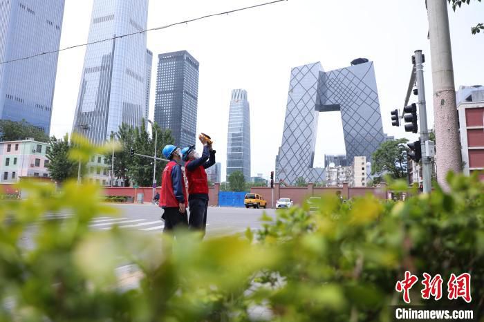 图为国网北京朝阳供电公司员工对所辖线路进行巡视检查，确保疫情期间用电可靠。　张昊 摄