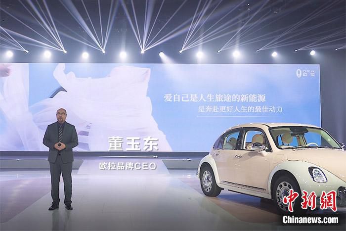 在发布会现场，欧拉品牌CEO董玉东讲演。(现场截图)