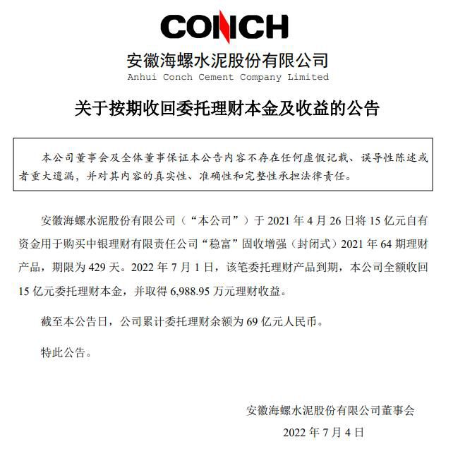 截图自海螺水泥公告。