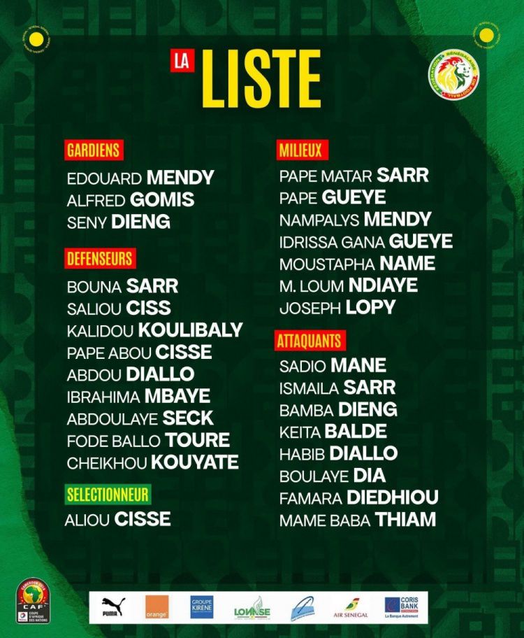 塞内加尔公布非洲杯27人大名单：马内、爱德华-门迪、萨尔在列