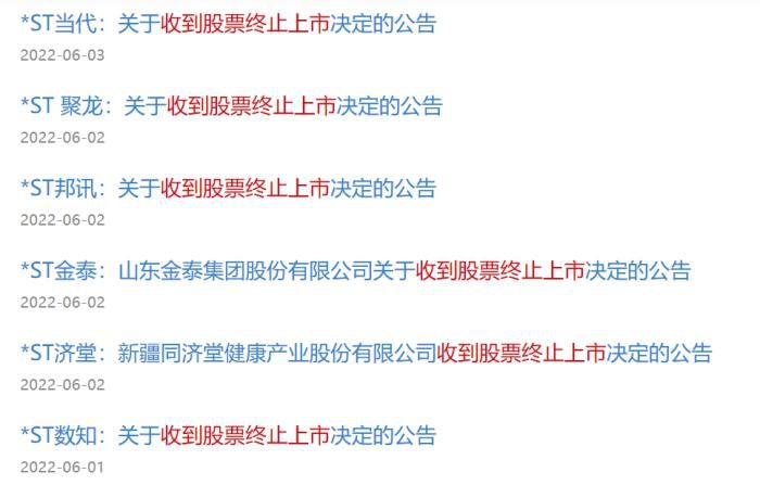 部分上市公司收到的股票终止上市决定的公告。