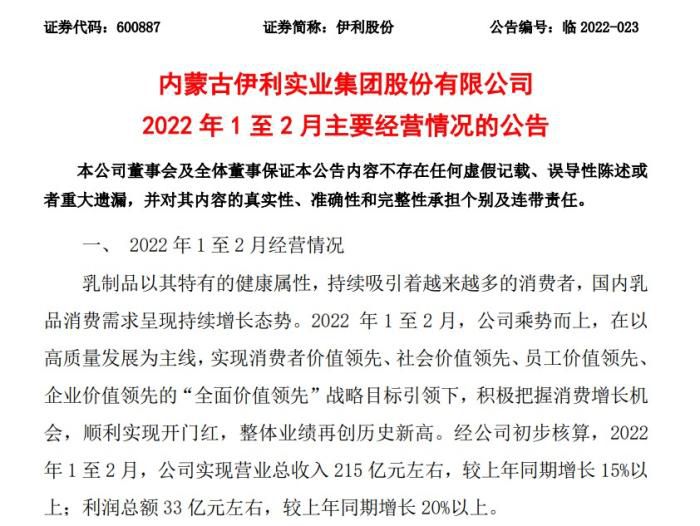 3月10日晚间，伊利股份发布《2022年1至2月主要经营情况的公告》。