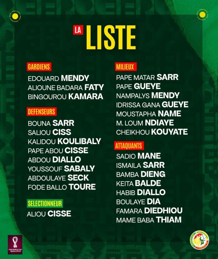 塞内加尔队世预赛大名单：马内领衔攻击线