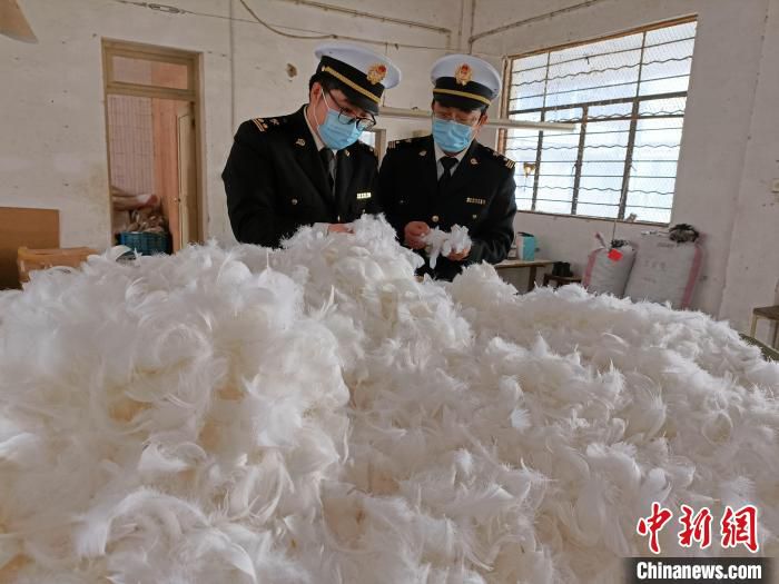 宁波海关关员对出口羽毛制品生产企业开展现场考核。　丁健亮 摄