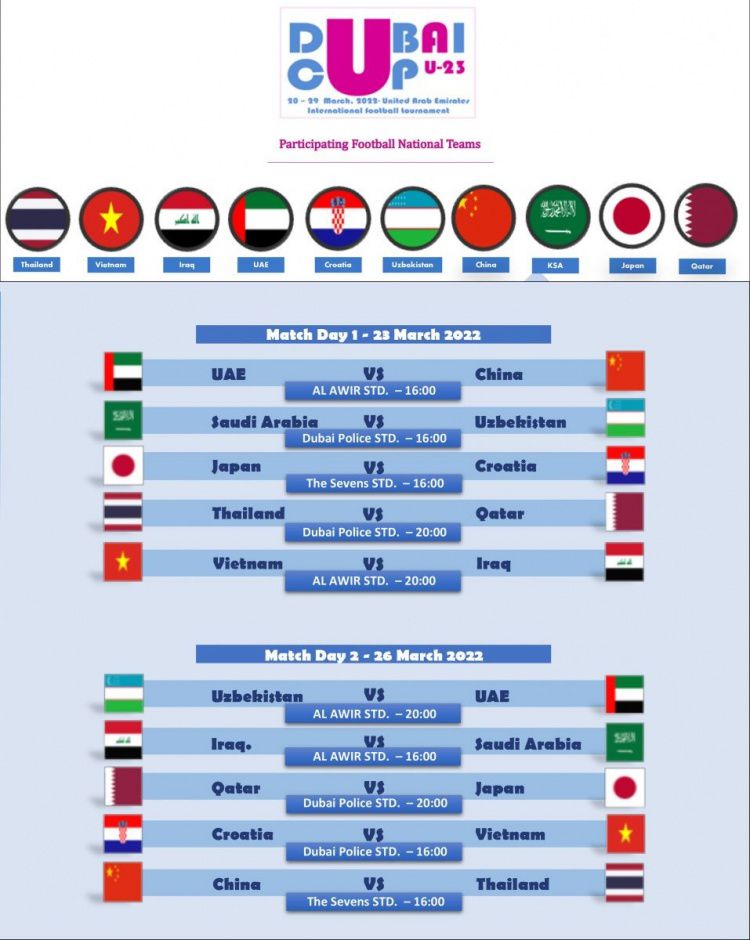 迪拜杯：每队三场，中国U23将分别在23日、26日对阵阿联酋、泰国