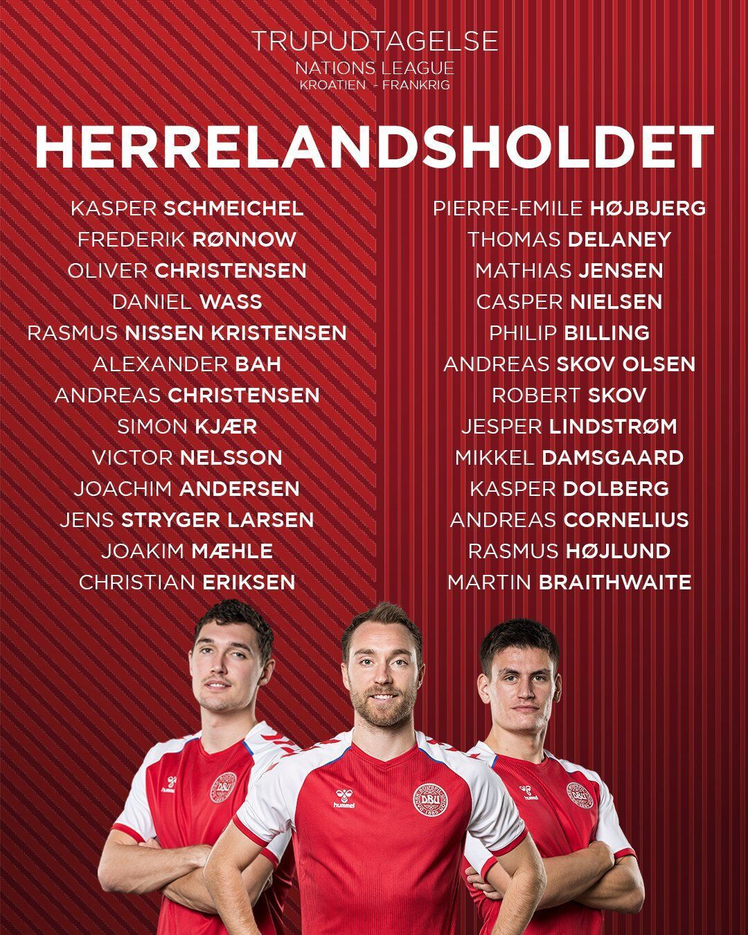 丹麦欧国联26人大名单：埃里克森领衔，舒梅切尔、克里斯滕森在列