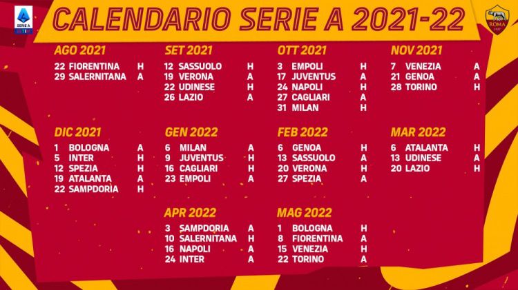 罗马新赛季赛程：第8、21轮战尤文，第16、34轮对阵国米