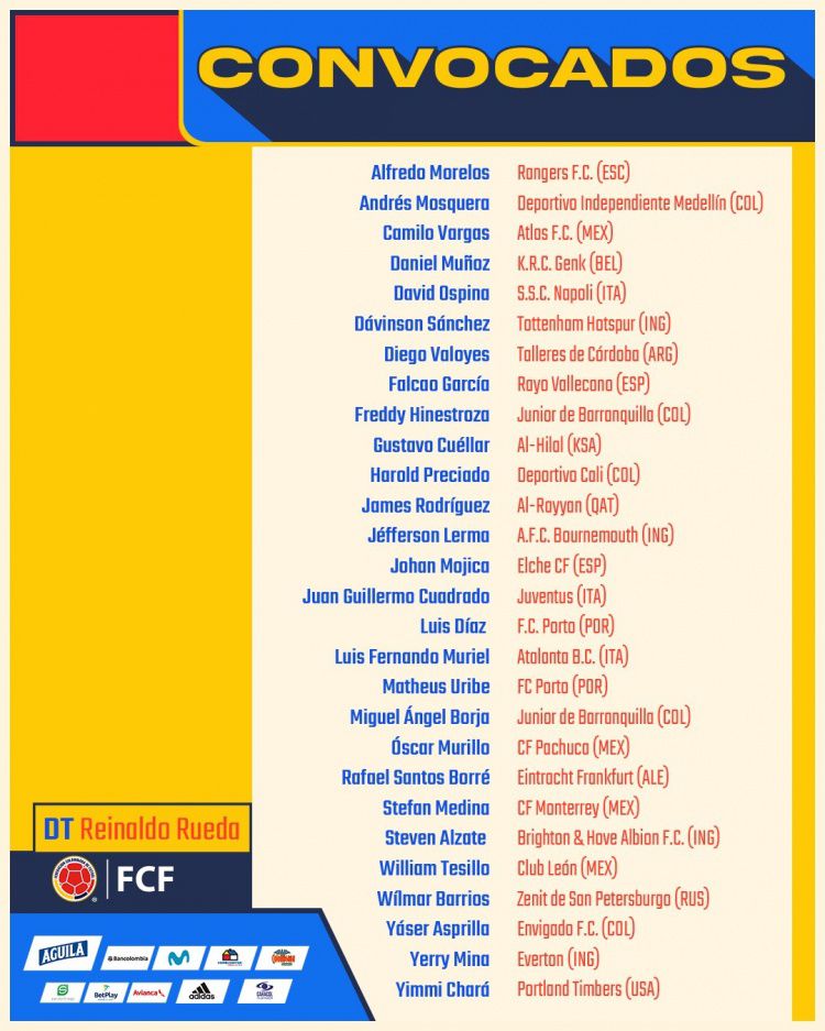 哥伦比亚世预赛28人名单：J罗、穆里尔、法尔考在列