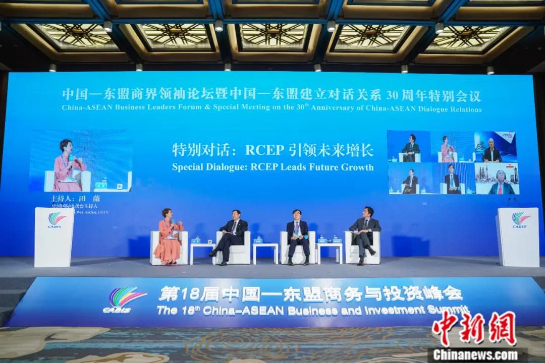 2021年9月10日，中国—东盟商界领袖论坛暨中国—东盟建立对话关系30周年特别会议在广西南宁举行。图为论坛上举行以“RCEP引领未来增长”为主题的特别对话环节。中新社记者 陈冠言 摄