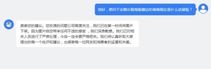 安踏官方商城客服回应截图。