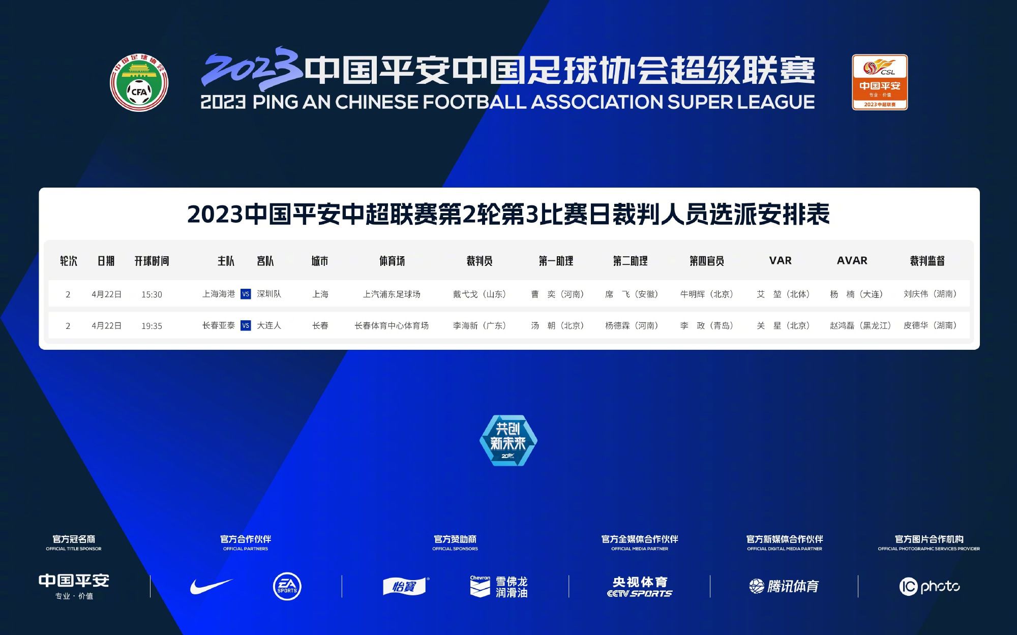 中超今日裁判选派结果：戴弋戈吹海港vs深圳，李海新吹亚泰vs大连