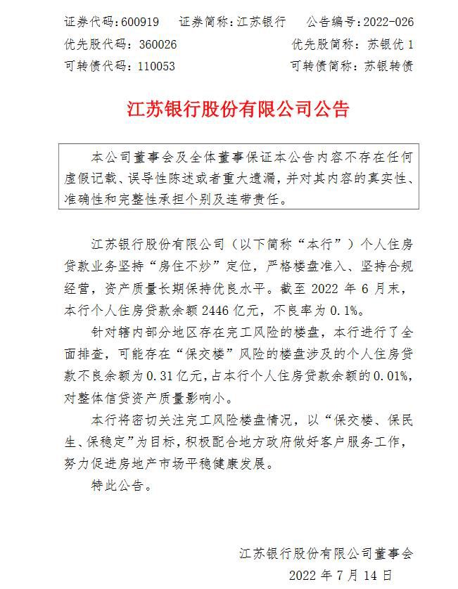 江苏银行公告。