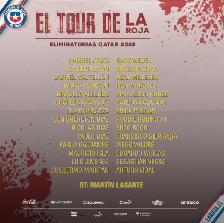 智利公布世预赛28人大名单：布拉沃、比达尔在列