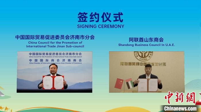 济南市贸促会与阿联酋山东商会线上签约。　官方供图