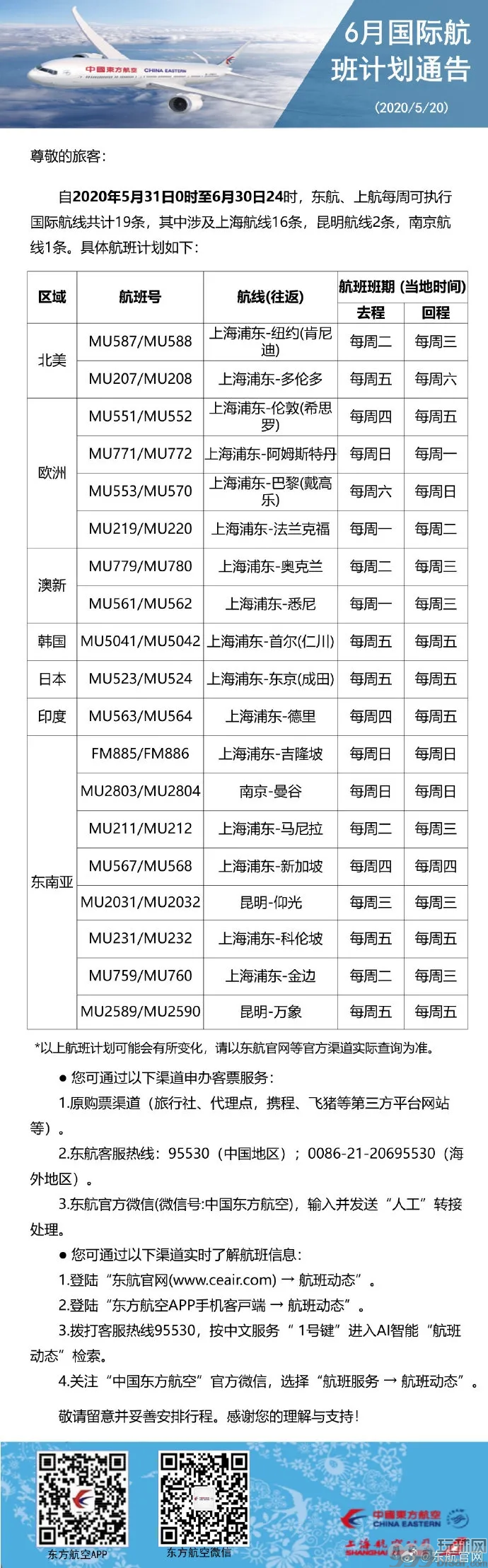 东航、南航、厦航6月国际航班计划 坚持“五个一”政策