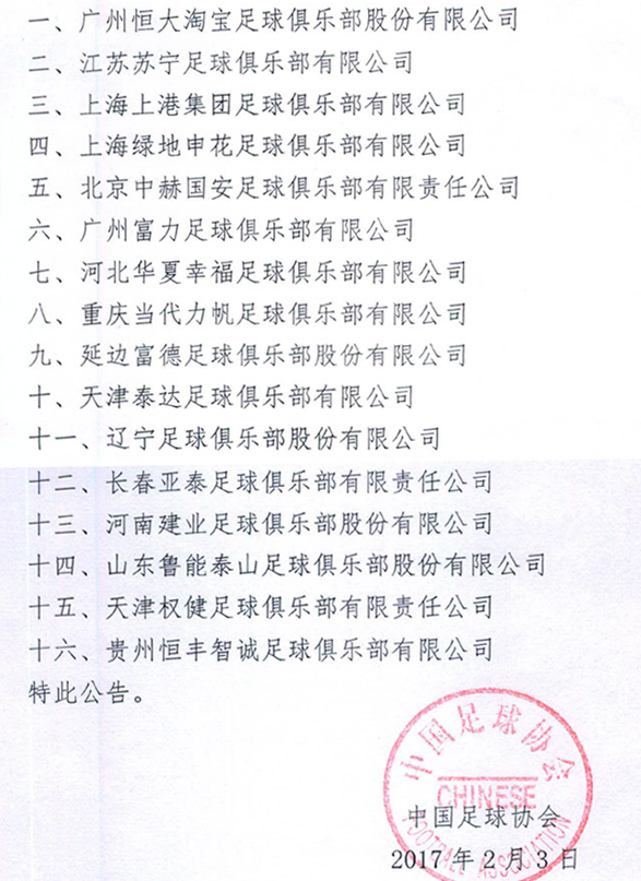 玩球网报：足协公布2017年中超中甲参赛队 32队通过审查