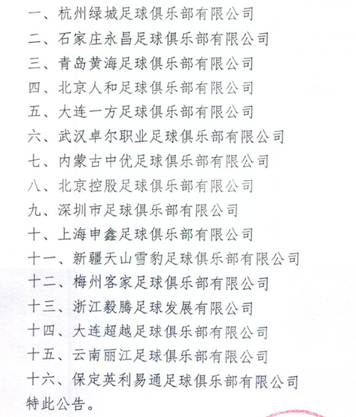玩球网报：足协公布2017年中超中甲参赛队 32队通过审查