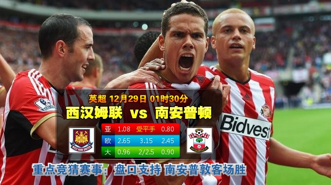 玩球网心水：英超　12月29日 1:30　西汉姆联 VS 南安普顿