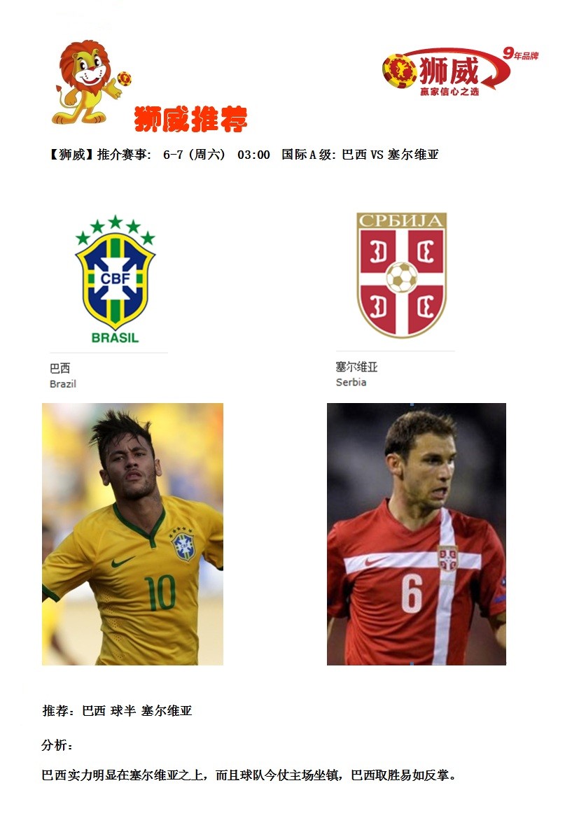 【狮威】推介赛事: 6-7 (周六) 03:00 国际A级: 巴西VS 塞尔维亚