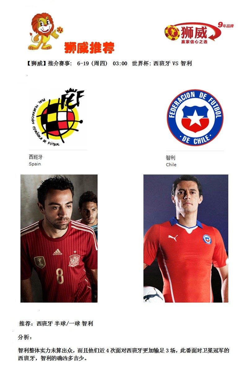 【狮威】推介赛事: 6-19 (周四) 03:00 世界杯: 西班牙 VS 智利