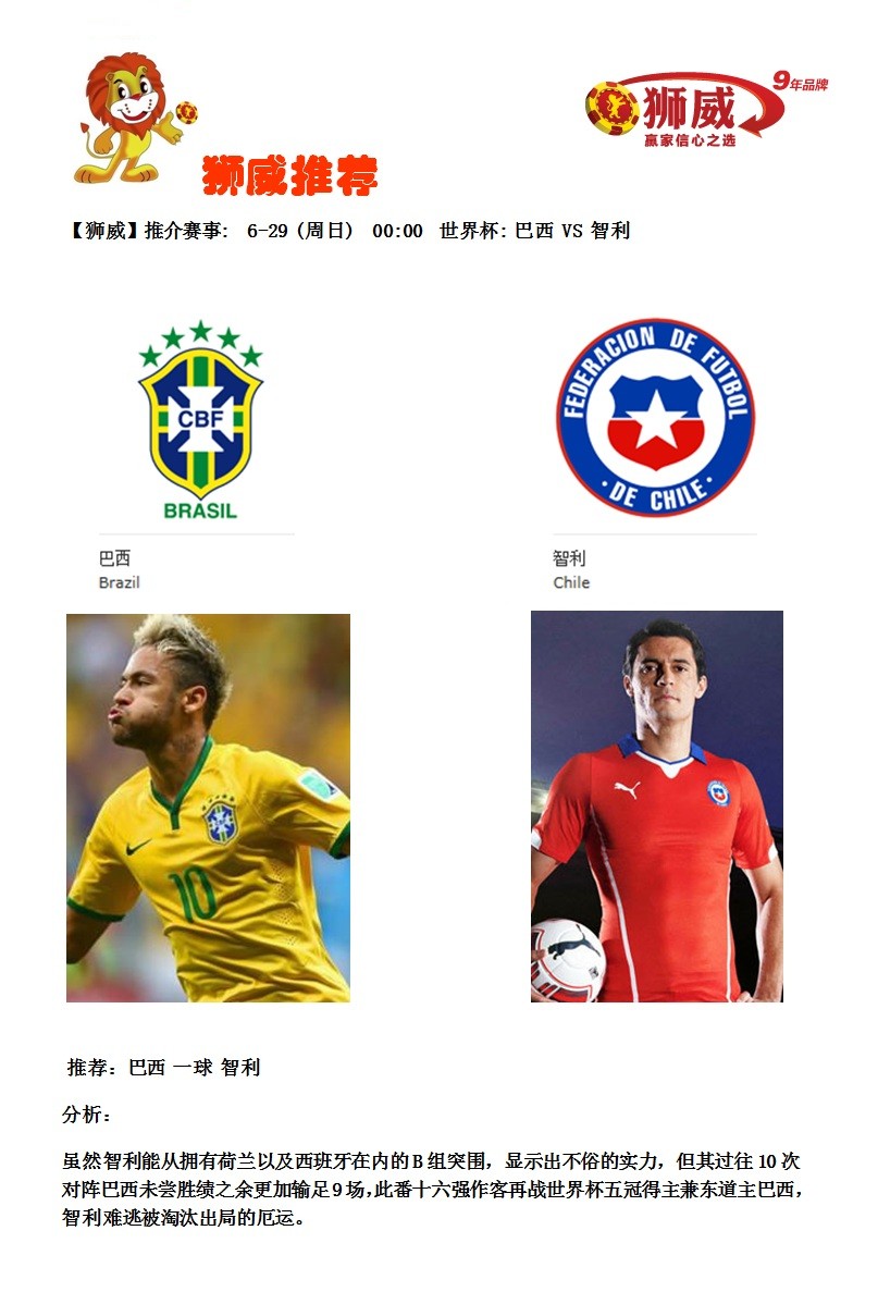 【狮威】推介赛事: 6-29 (周日) 00:00 世界杯: 巴西 VS 智利