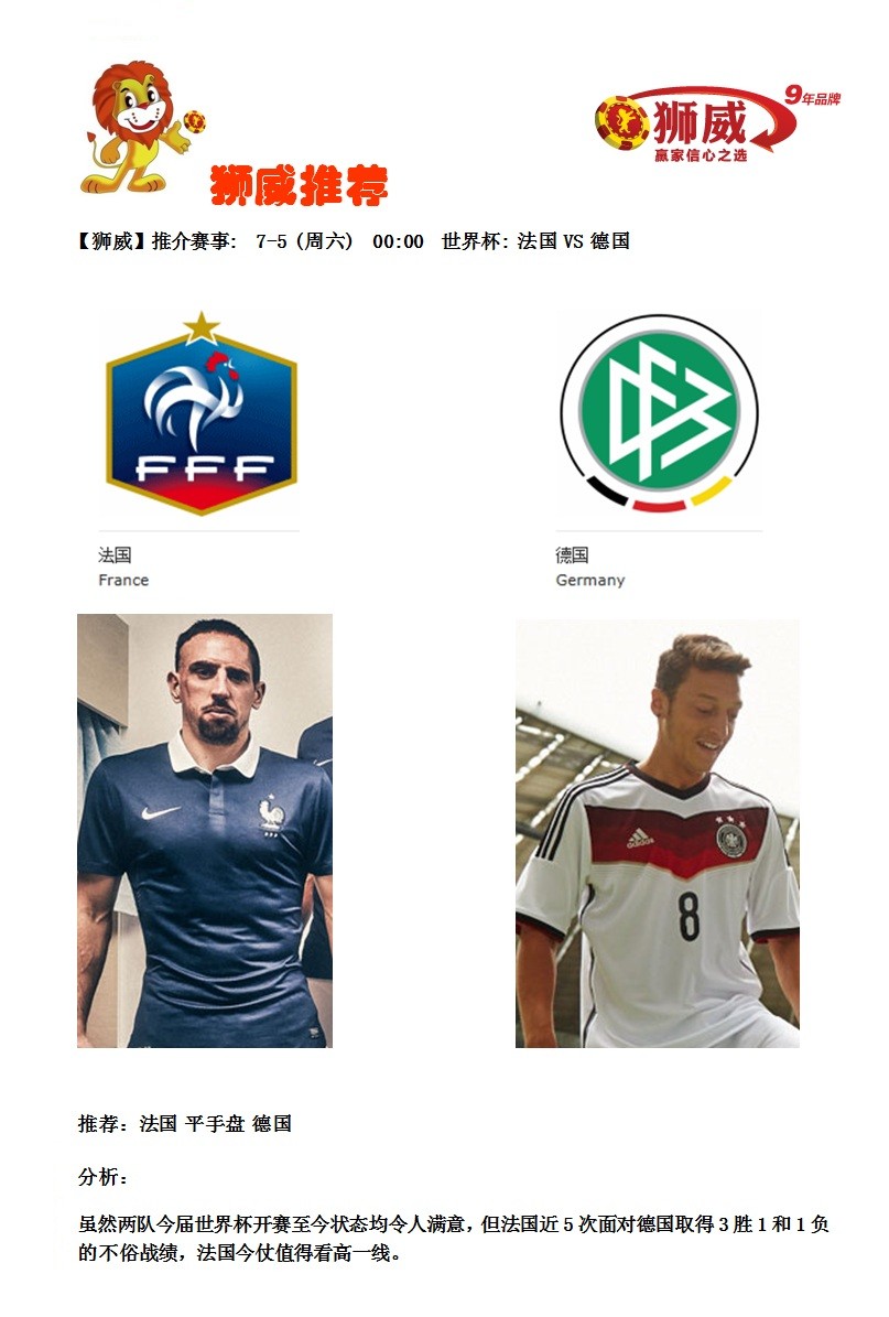 【狮威】推介赛事: 7-5 (周六) 00:00 世界杯: 法国VS 德国