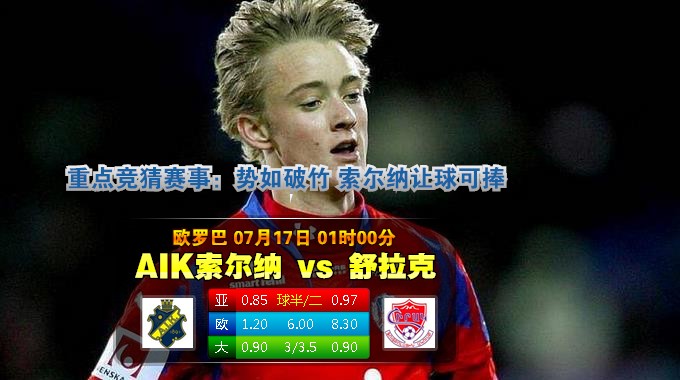 玩球网心水：欧罗巴　7月17日 1:00　AIK索尔纳 VS 舒拉克