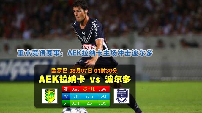 玩球网心水：欧罗巴　8月7日 1:30　AEK拉纳卡 VS 波尔多