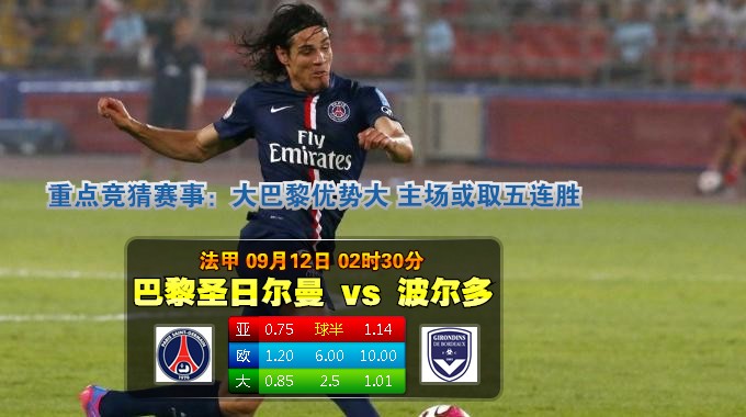 玩球网心水：法甲　9月12日 2:30　巴黎圣日尔曼 VS 波尔多