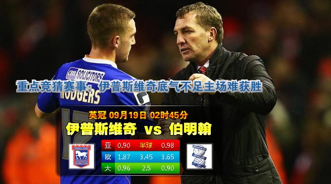 玩球网心水：英冠　9月19日 2:45　伊普斯维奇 VS 伯明翰