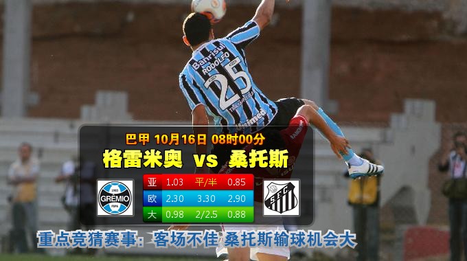 玩球网心水：巴甲　10月16日 8:00　格雷米奥 VS 桑托斯 