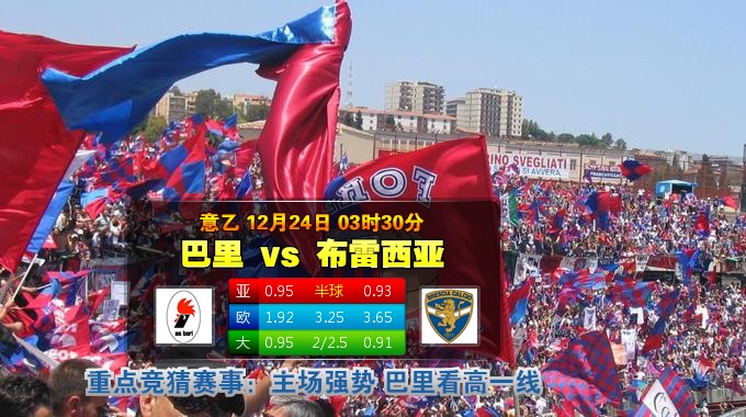 玩球网心水：意乙　12月24日 3:30　巴里 VS 布雷西亚