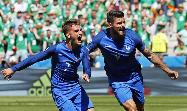 玩球赛报：欧洲杯-法国2-1逆转爱尔兰 格列兹曼4分钟2球