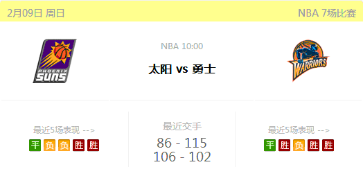 2月9日 NBA 凤凰城太阳vs金州勇士 天际亚洲推荐 